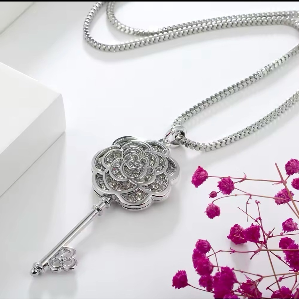 925 Sterling Silver Camellia Blossom Key Long Chain Necklace w/ Zircon Accents - Picture 3 of 11